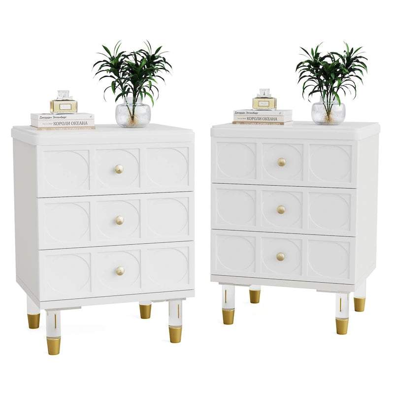 White and Gold 3-Drawer Nightstand and Sofa End Table