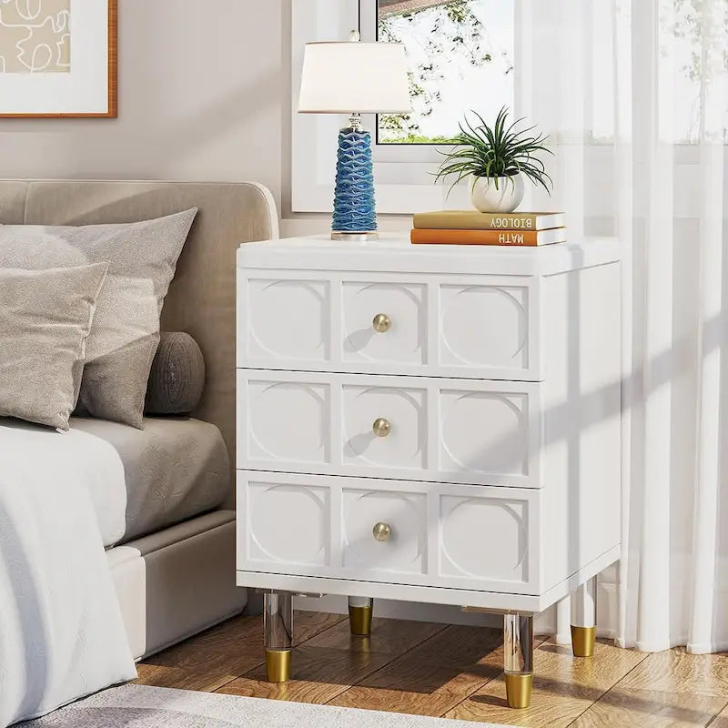 White and Gold 3-Drawer Nightstand and Sofa End Table