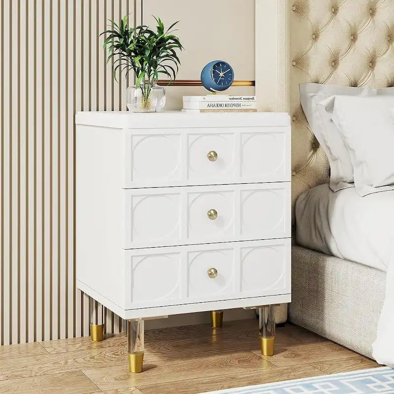 White and Gold 3-Drawer Nightstand and Sofa End Table