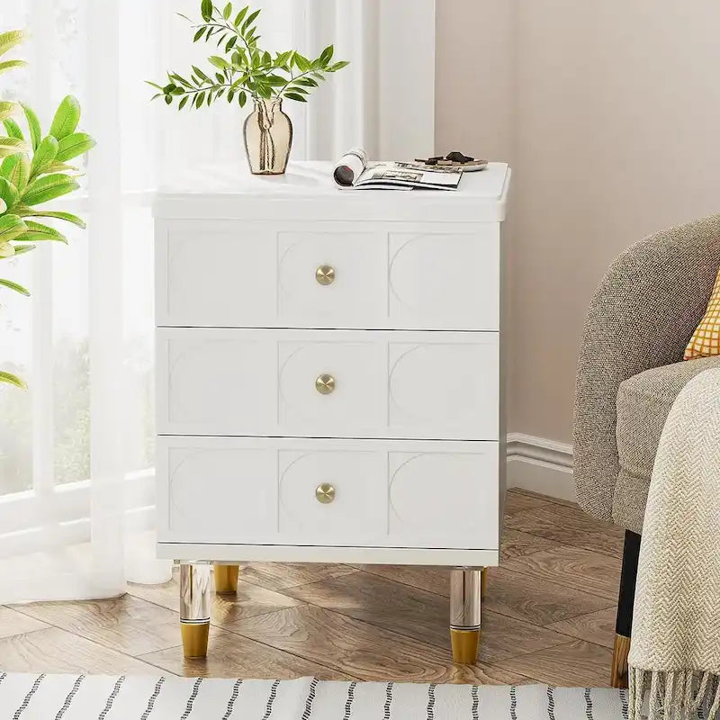 White and Gold 3-Drawer Nightstand and Sofa End Table