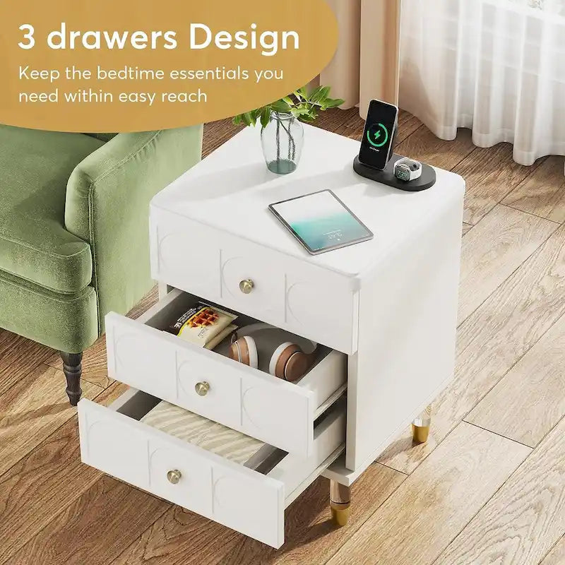 White and Gold 3-Drawer Nightstand and Sofa End Table