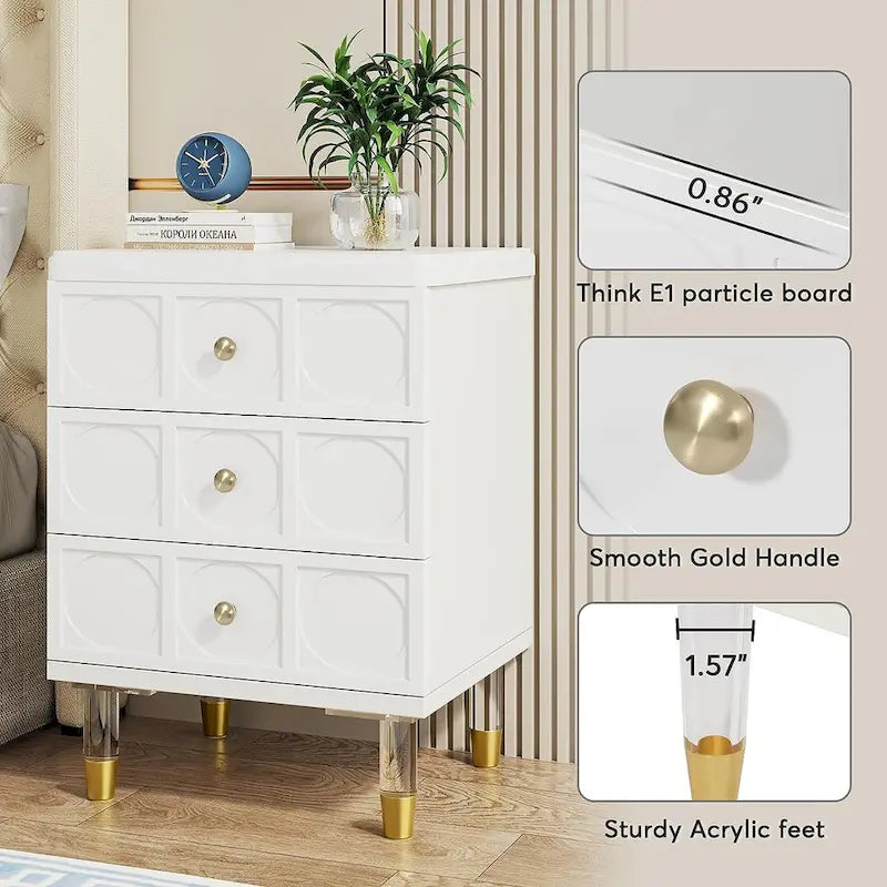 White and Gold 3-Drawer Nightstand and Sofa End Table