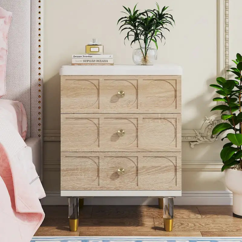 White and Gold 3-Drawer Nightstand and Sofa End Table