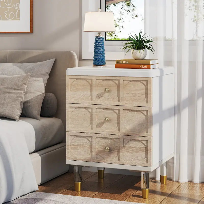 White and Gold 3-Drawer Nightstand and Sofa End Table