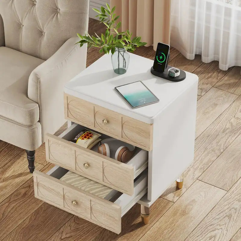 White and Gold 3-Drawer Nightstand and Sofa End Table
