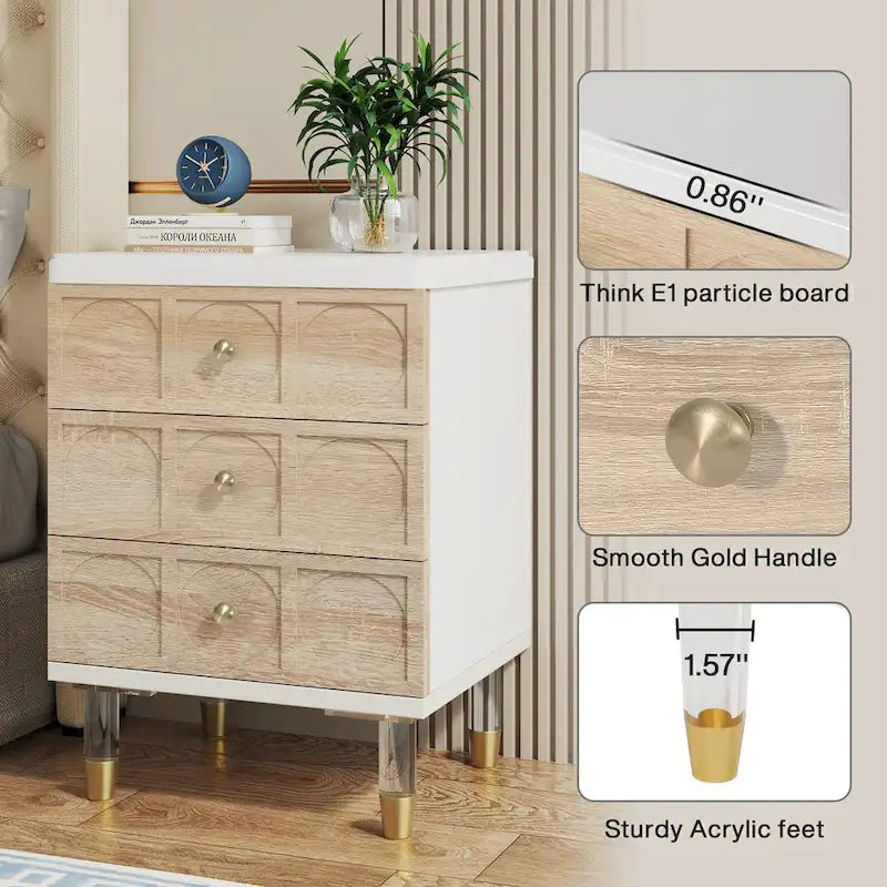 White and Gold 3-Drawer Nightstand and Sofa End Table