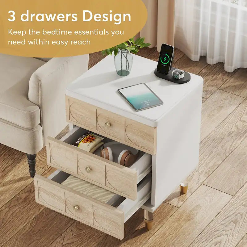 White and Gold 3-Drawer Nightstand and Sofa End Table