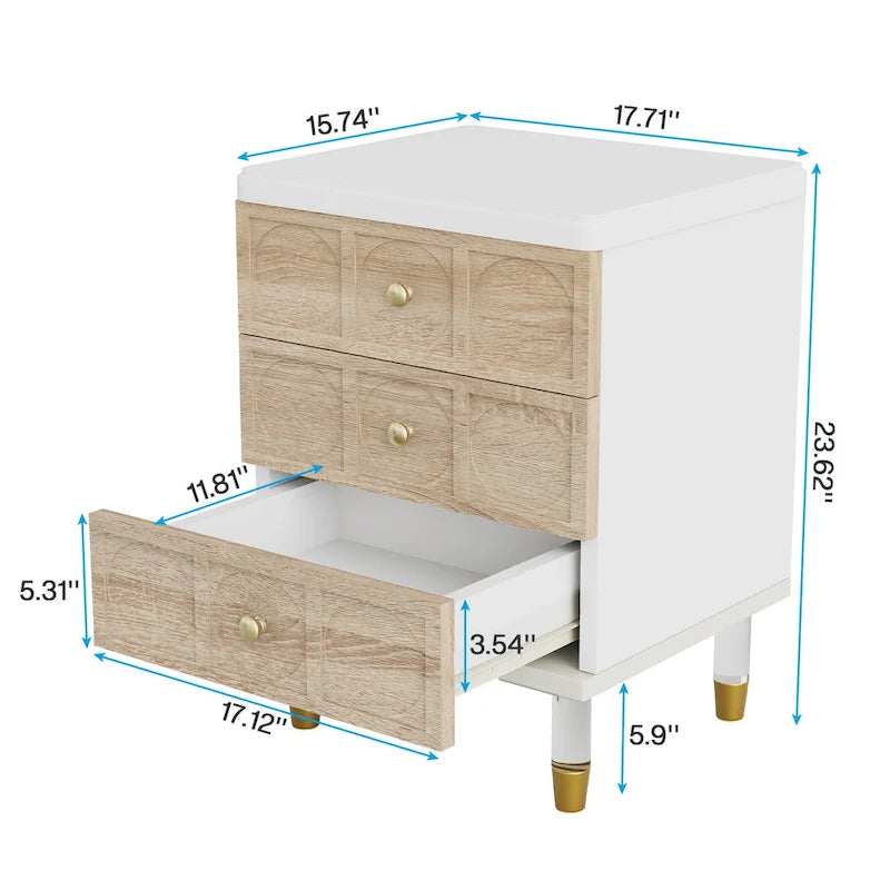 White and Gold 3-Drawer Nightstand and Sofa End Table