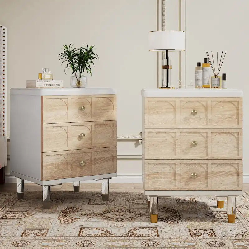 White and Gold 3-Drawer Nightstand and Sofa End Table