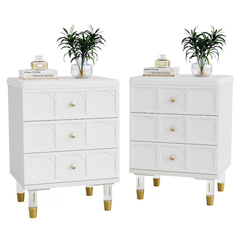 White and Gold 3-Drawer Nightstand and Sofa End Table