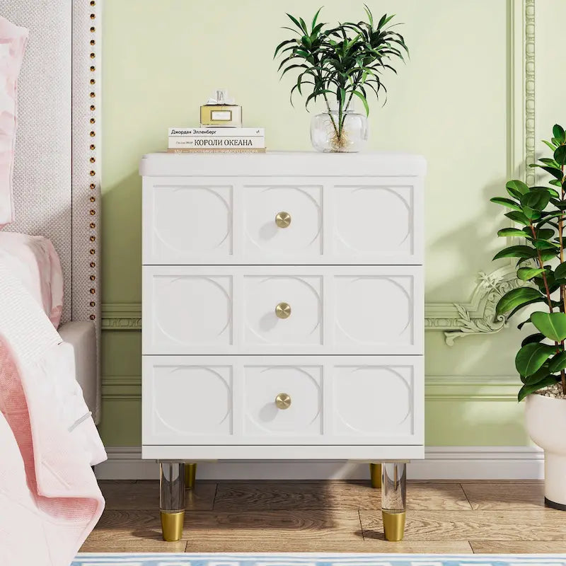 White and Gold 3-Drawer Nightstand and Sofa End Table
