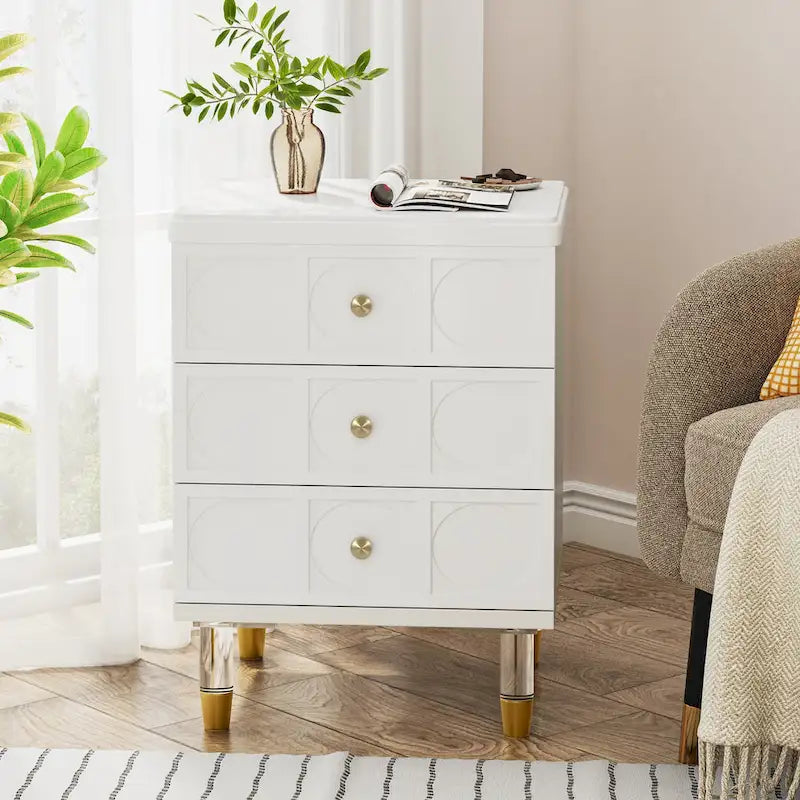 White and Gold 3-Drawer Nightstand and Sofa End Table