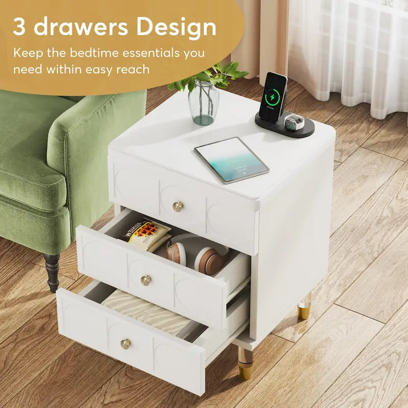 White and Gold 3-Drawer Nightstand and Sofa End Table