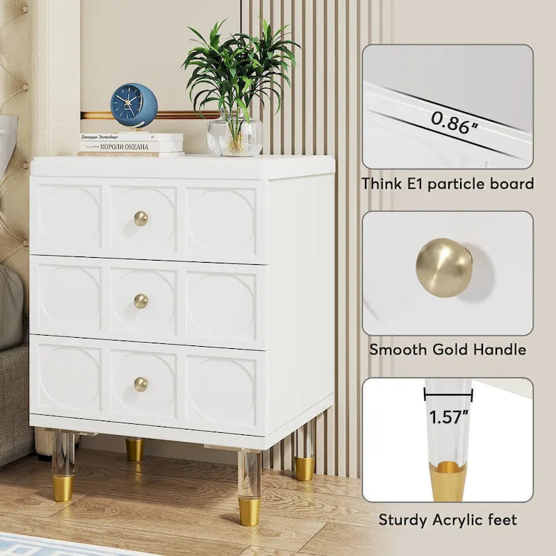 White and Gold 3-Drawer Nightstand and Sofa End Table