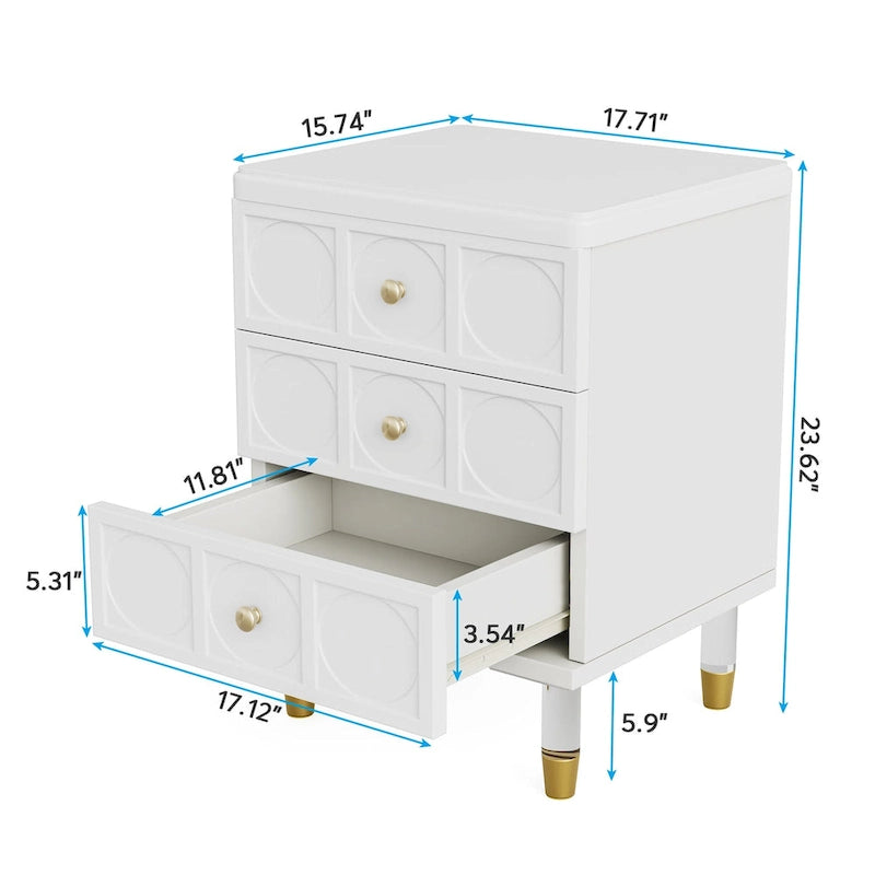White and Gold 3-Drawer Nightstand and Sofa End Table