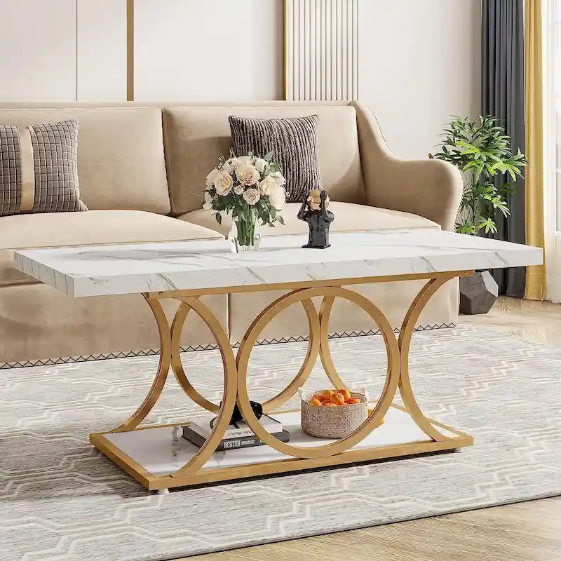 2-Tier Rectangular Coffee Table with Marble-Look Top and Gold Metal Frame