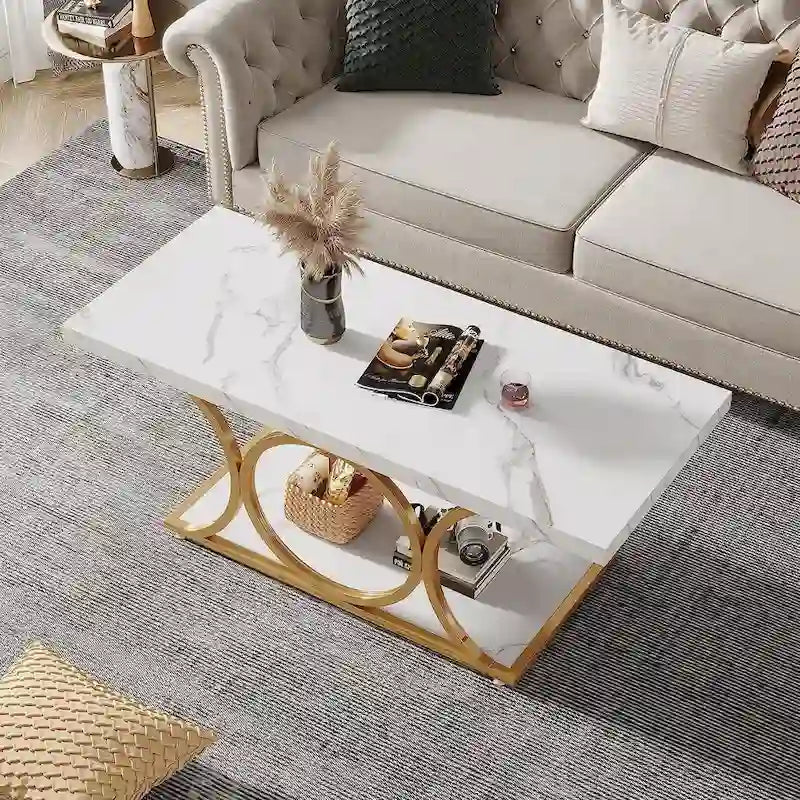 2-Tier Rectangular Coffee Table with Marble-Look Top and Gold Metal Frame