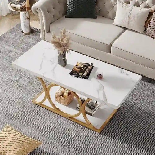 2-Tier Rectangular Coffee Table with Marble-Look Top and Gold Metal Frame
