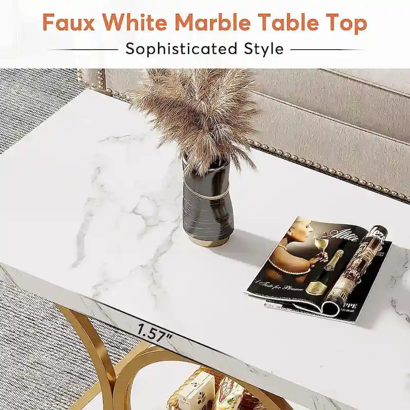 2-Tier Rectangular Coffee Table with Marble-Look Top and Gold Metal Frame