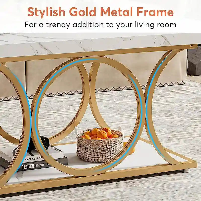 2-Tier Rectangular Coffee Table with Marble-Look Top and Gold Metal Frame