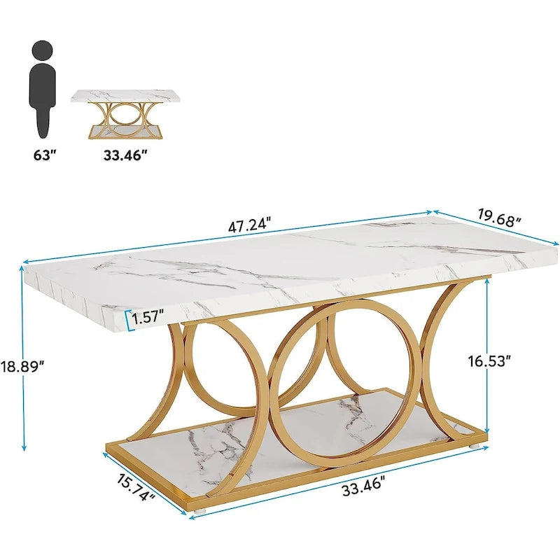 2-Tier Rectangular Coffee Table with Marble-Look Top and Gold Metal Frame