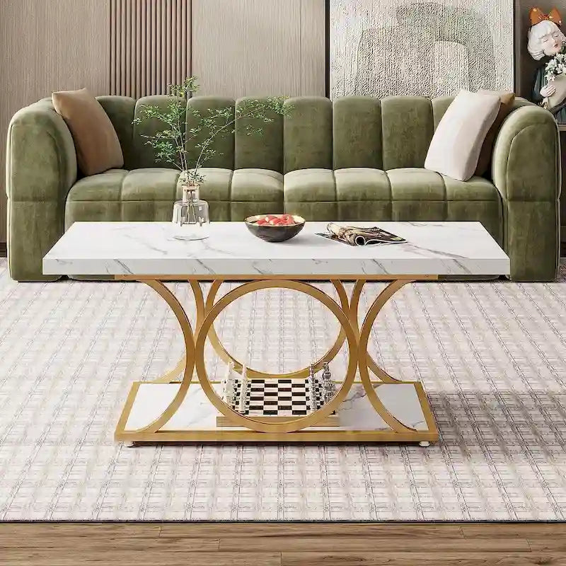 2-Tier Rectangular Coffee Table with Marble-Look Top and Gold Metal Frame