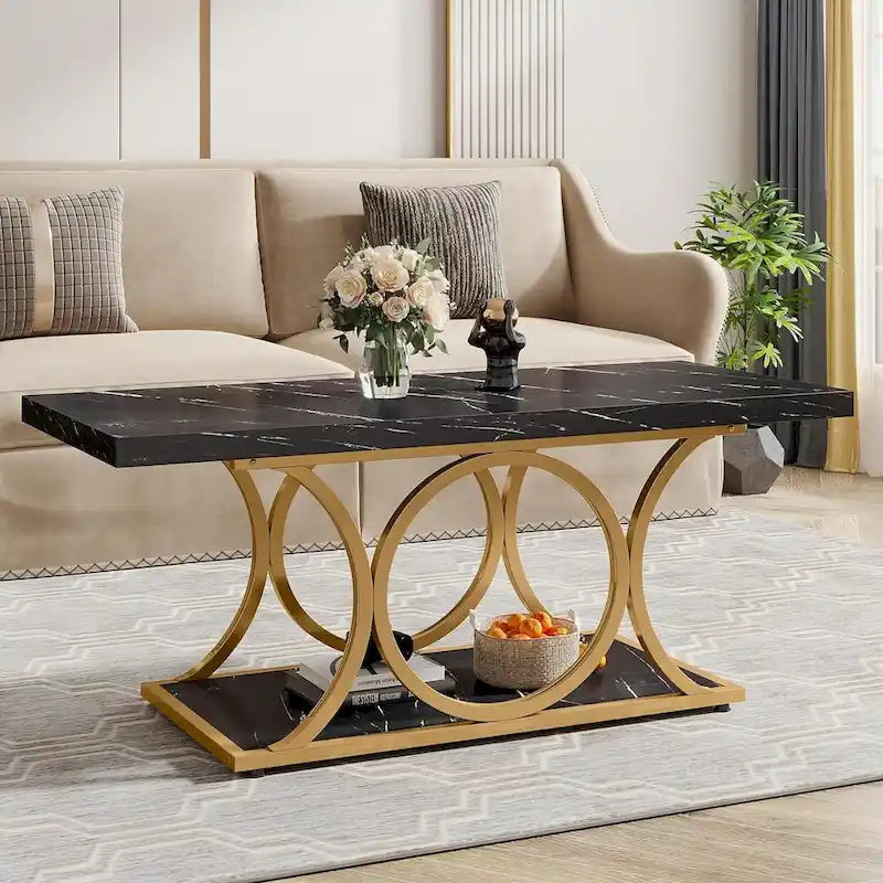 2-Tier Rectangular Coffee Table with Marble-Look Top and Gold Metal Frame