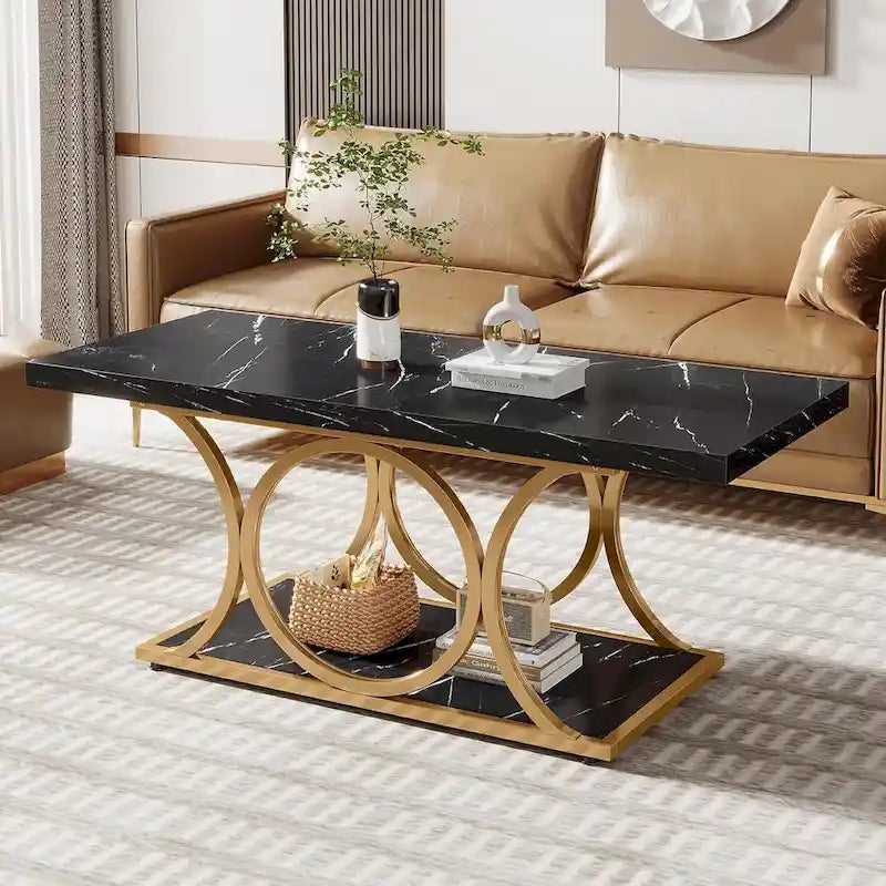 2-Tier Rectangular Coffee Table with Marble-Look Top and Gold Metal Frame