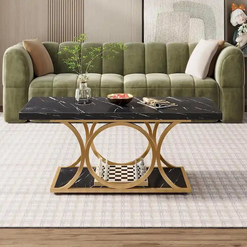 2-Tier Rectangular Coffee Table with Marble-Look Top and Gold Metal Frame