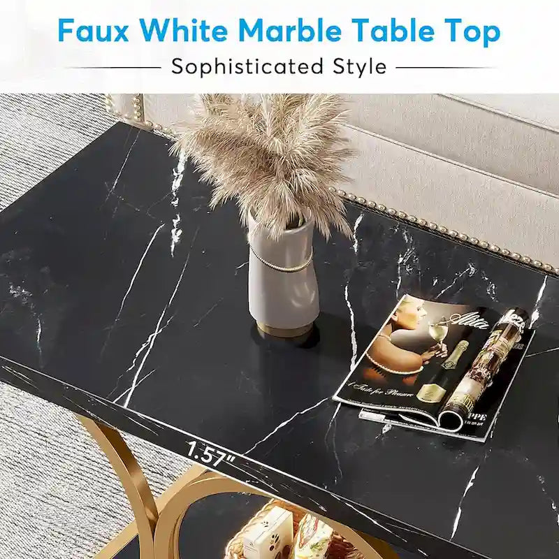 2-Tier Rectangular Coffee Table with Marble-Look Top and Gold Metal Frame