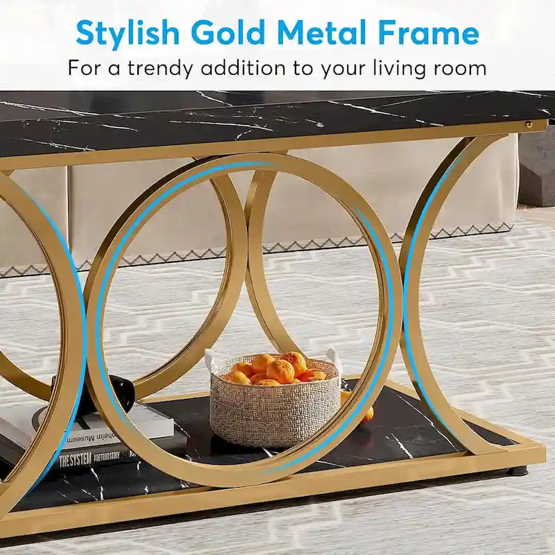 2-Tier Rectangular Coffee Table with Marble-Look Top and Gold Metal Frame