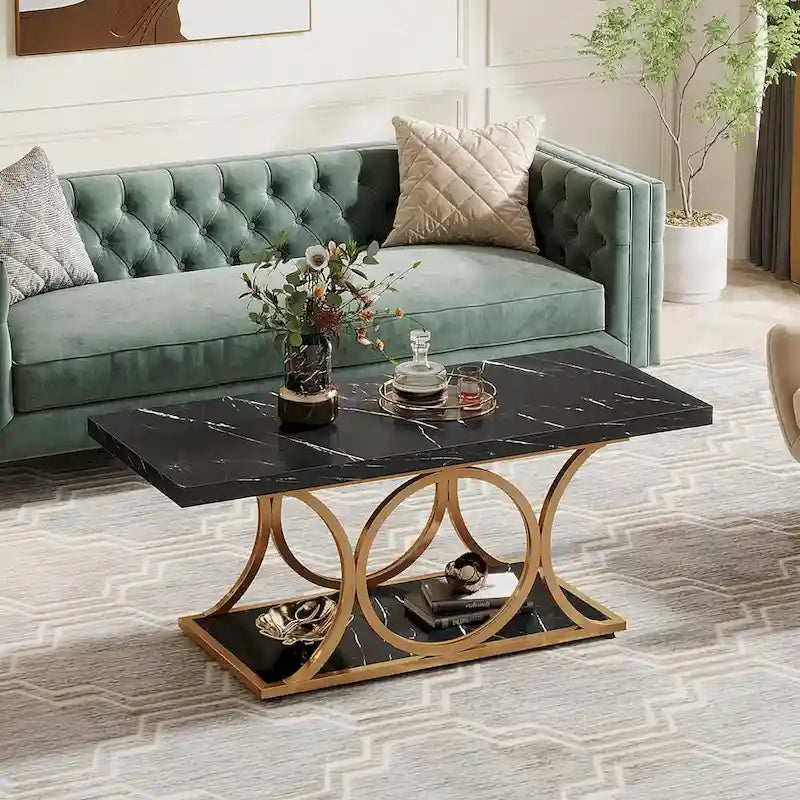 2-Tier Rectangular Coffee Table with Marble-Look Top and Gold Metal Frame