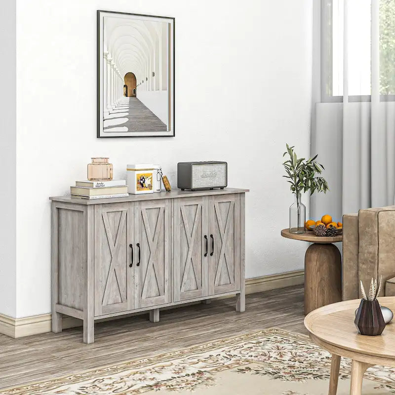 Farmhouse Buffet Cabinet with 4 Barn Doors and 2 Adjustable Shelves