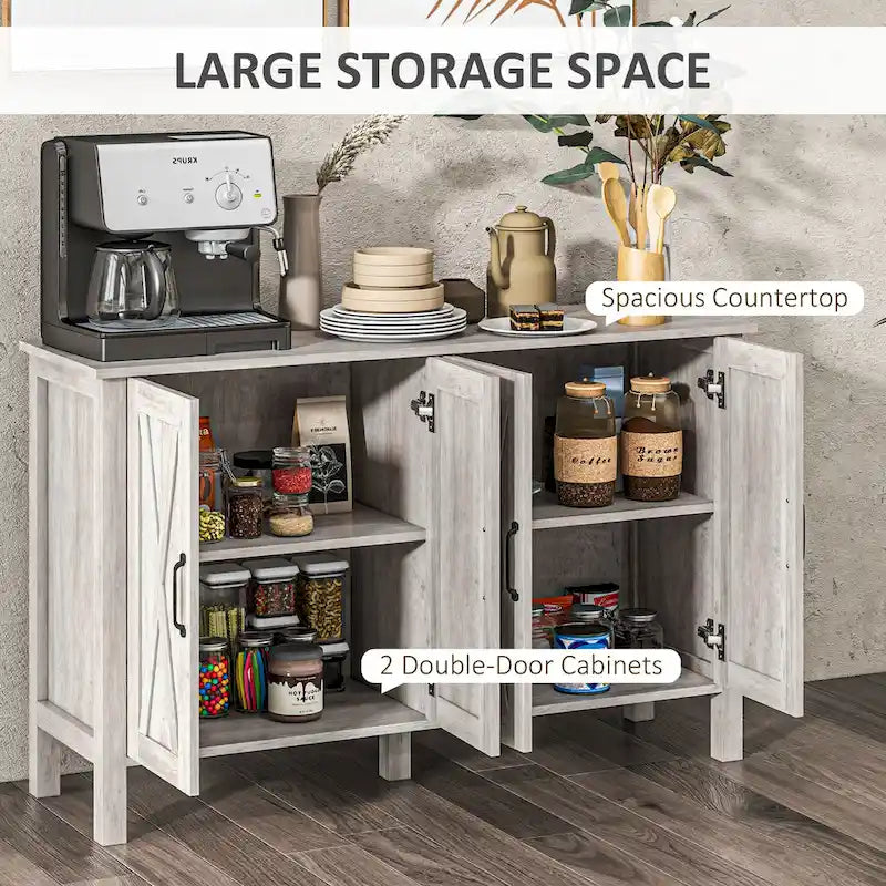 Farmhouse Buffet Cabinet with 4 Barn Doors and 2 Adjustable Shelves