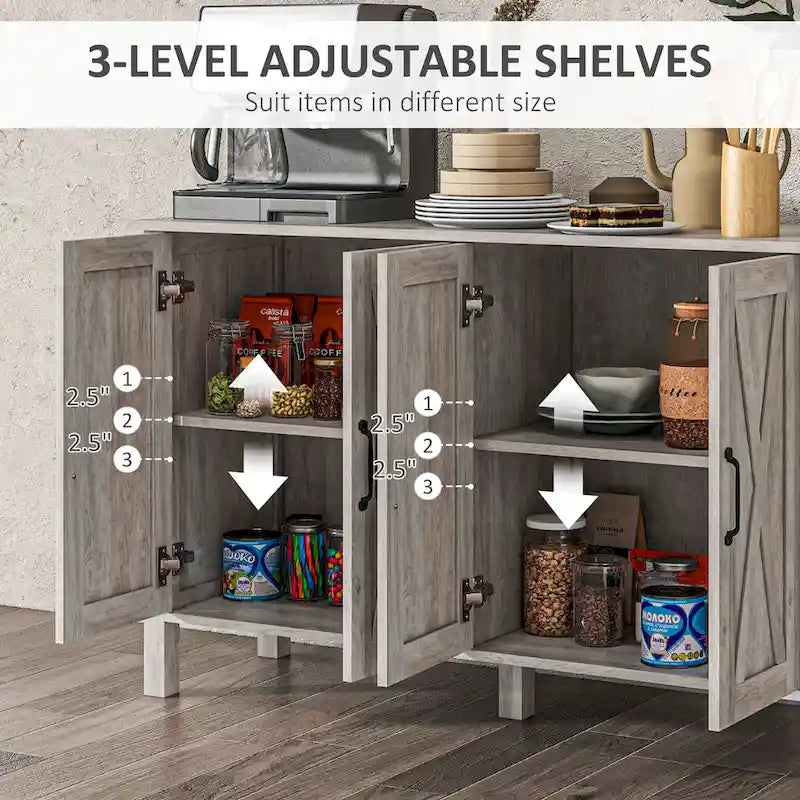 Farmhouse Buffet Cabinet with 4 Barn Doors and 2 Adjustable Shelves