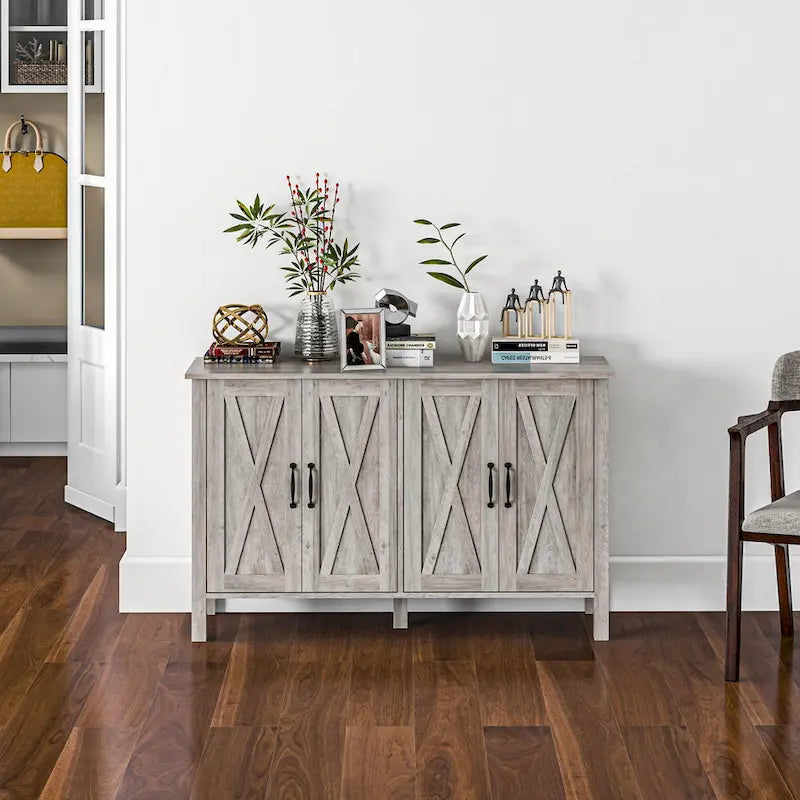 Farmhouse Buffet Cabinet with 4 Barn Doors and 2 Adjustable Shelves