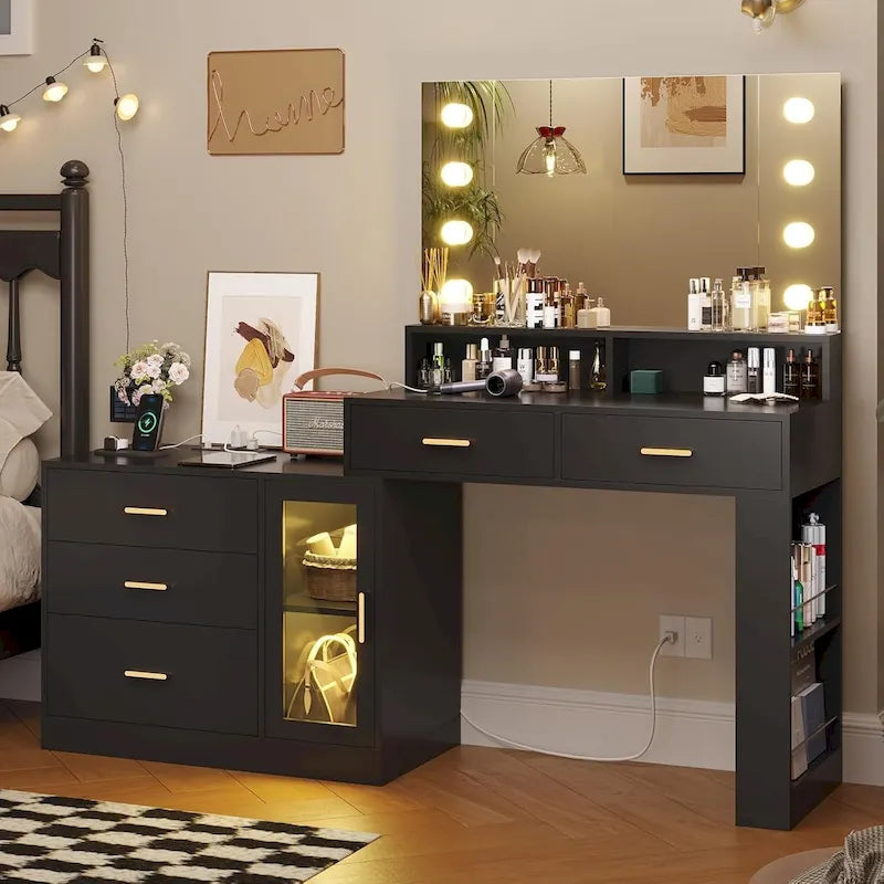 Makeup Vanity Desk with Lighted Mirror, Charging Station and Storage