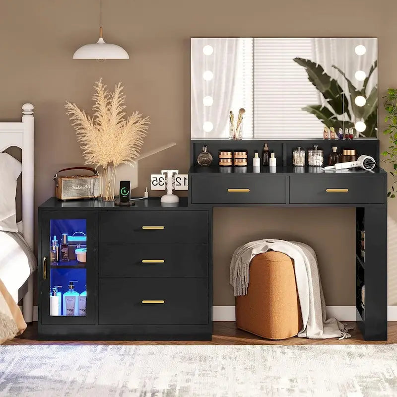 Makeup Vanity Desk with Lighted Mirror, Charging Station and Storage