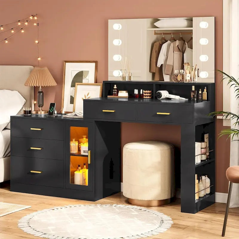 Makeup Vanity Desk with Lighted Mirror, Charging Station and Storage