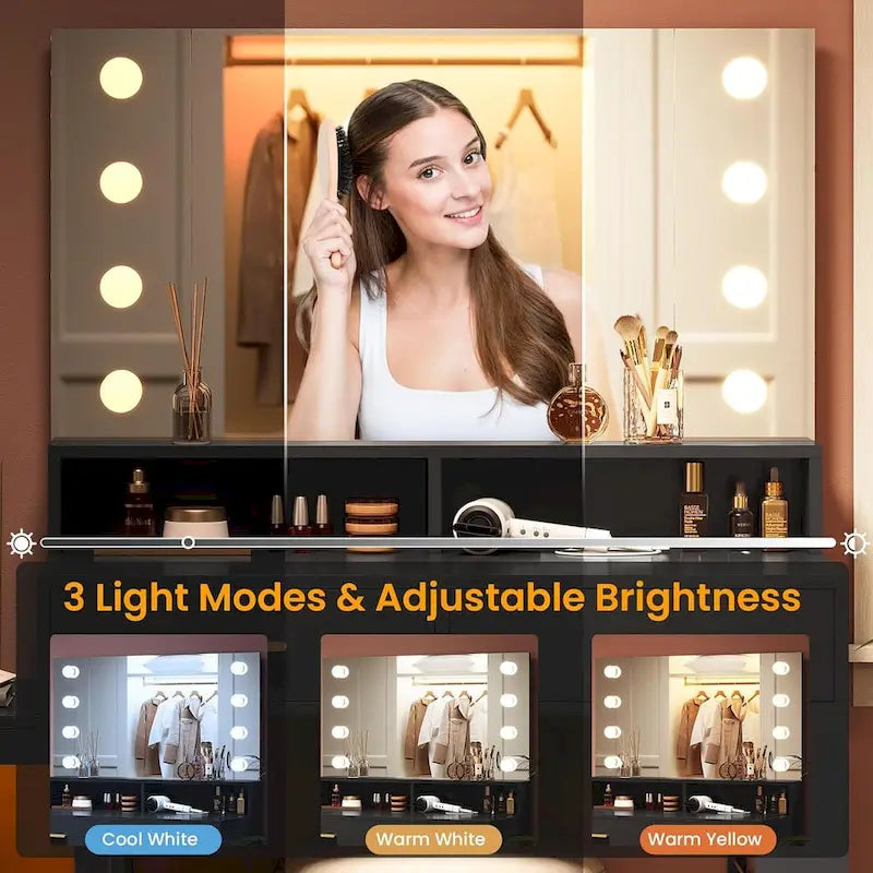 Makeup Vanity Desk with Lighted Mirror, Charging Station and Storage