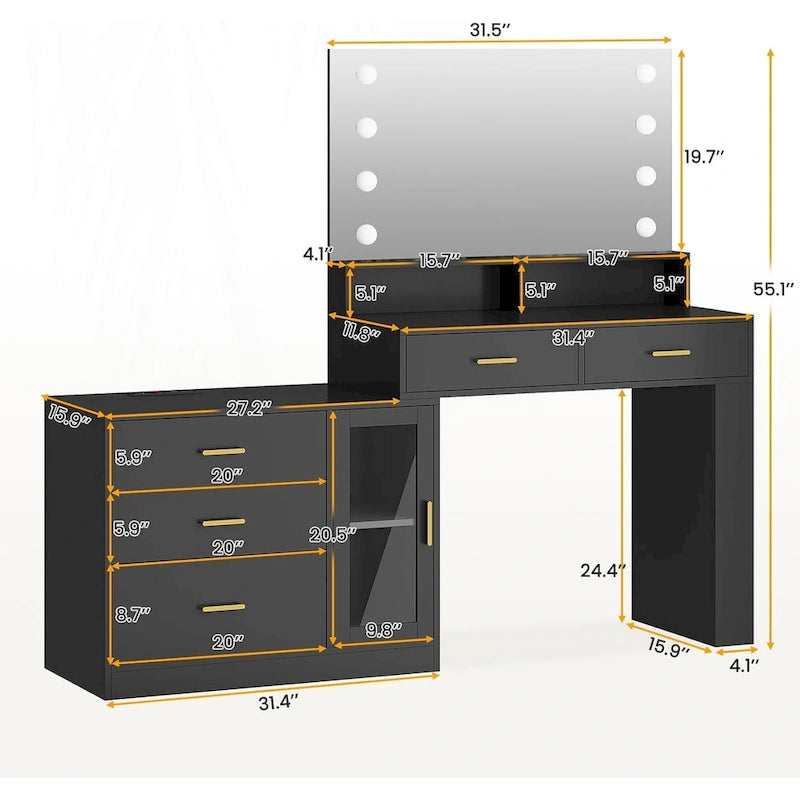 Makeup Vanity Desk with Lighted Mirror, Charging Station and Storage
