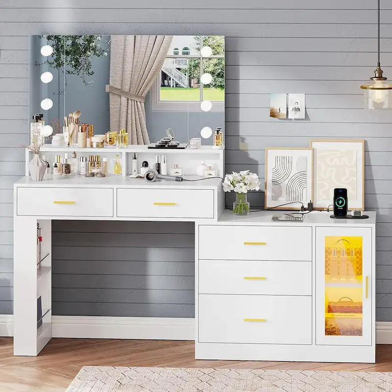 Makeup Vanity Desk with Lighted Mirror, Charging Station and Storage