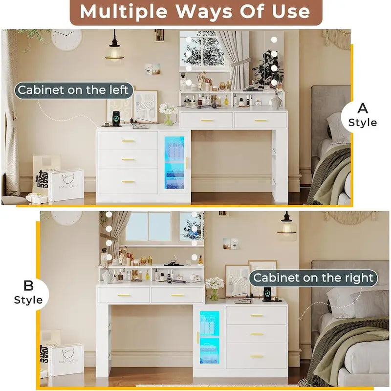 Makeup Vanity Desk with Lighted Mirror, Charging Station and Storage