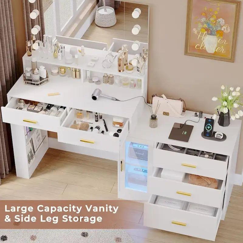 Makeup Vanity Desk with Lighted Mirror, Charging Station and Storage