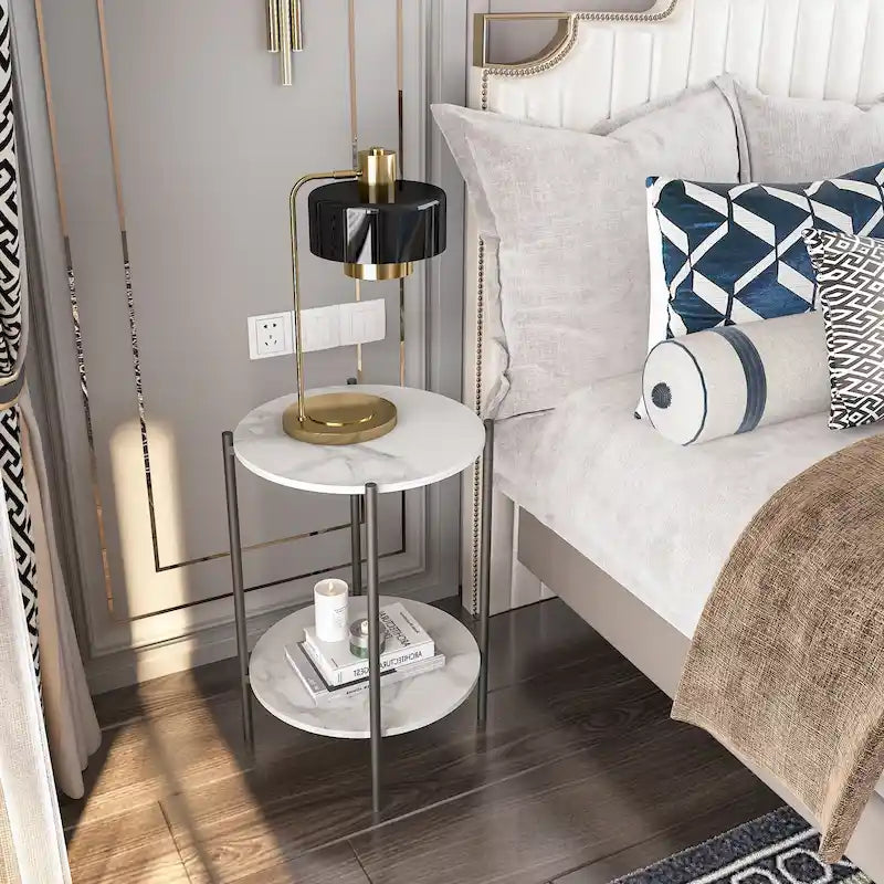 2-Tier Round Sintered Stone Side Table with Black Metal Frame