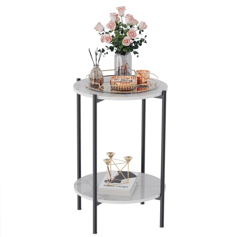 2-Tier Round Sintered Stone Side Table with Black Metal Frame