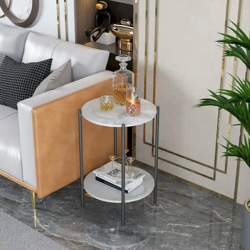 2-Tier Round Sintered Stone Side Table with Black Metal Frame