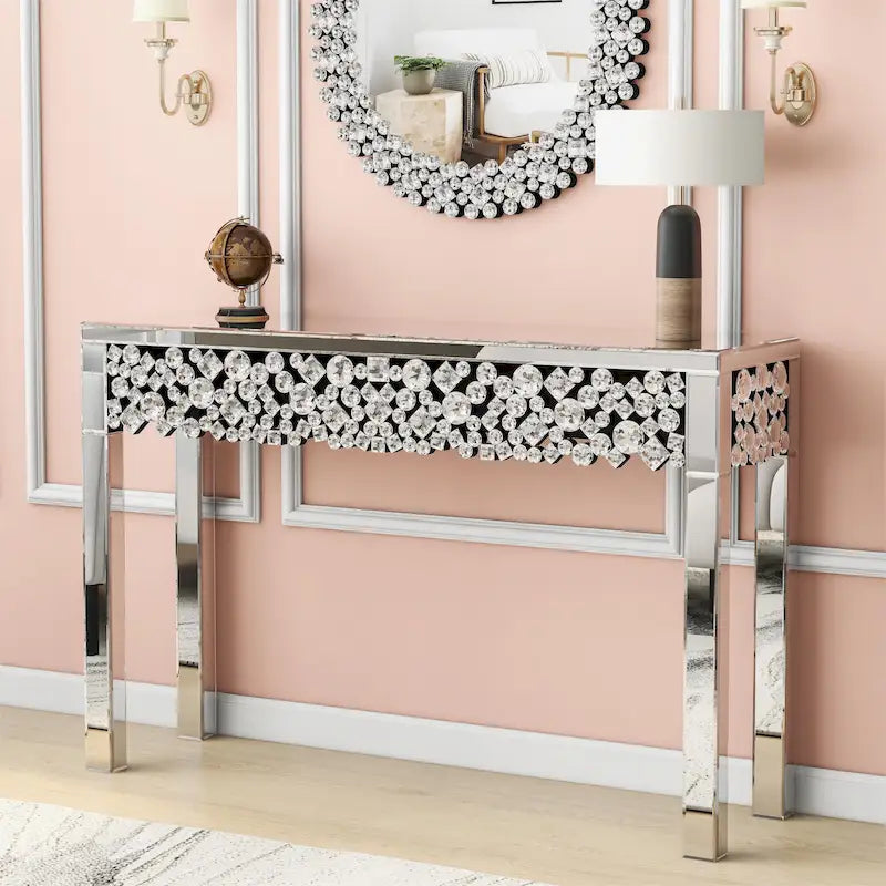 Silver Mirrored Console Table with Crystal Frame