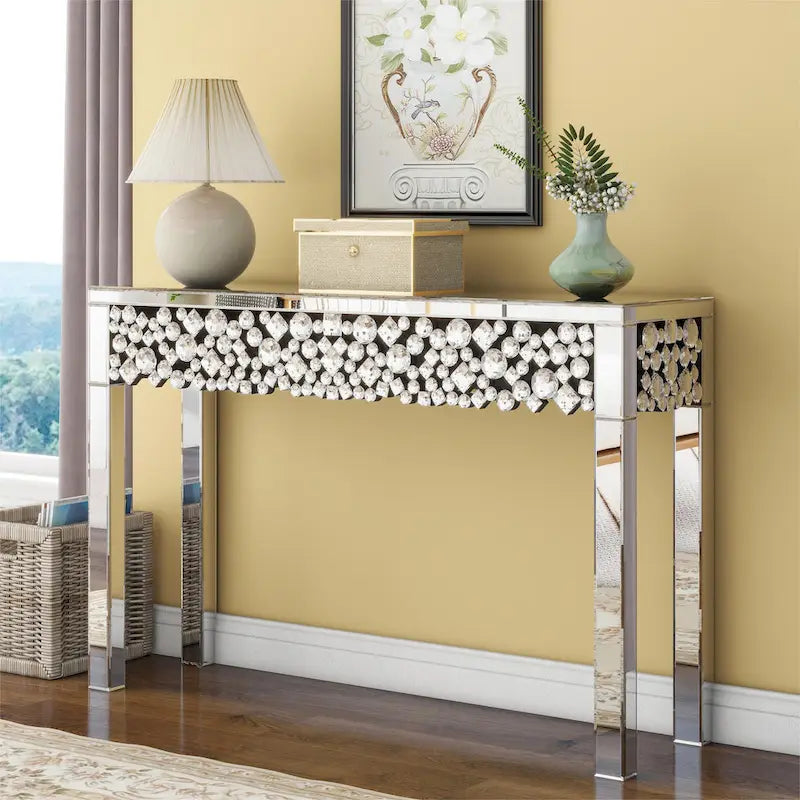 Silver Mirrored Console Table with Crystal Frame