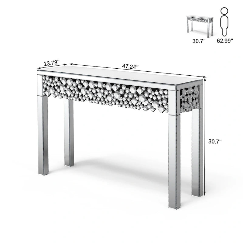 Silver Mirrored Console Table with Crystal Frame